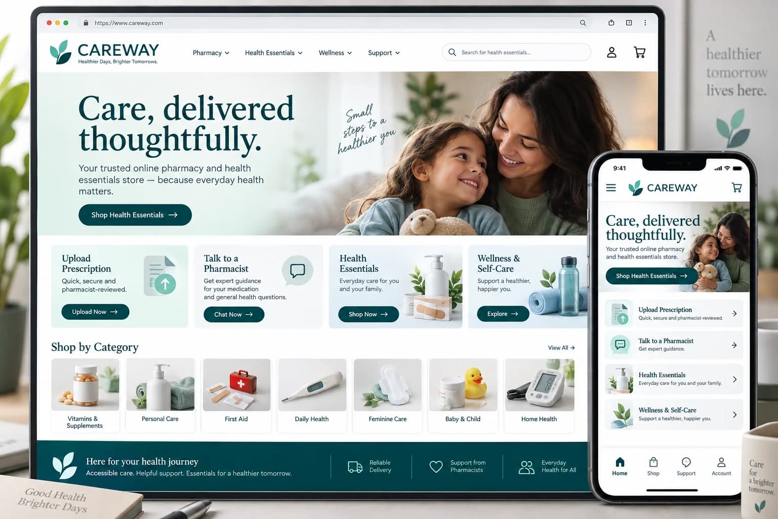 A pharmacy storefront concept with prescription upload, pharmacist support and accessible product discovery.