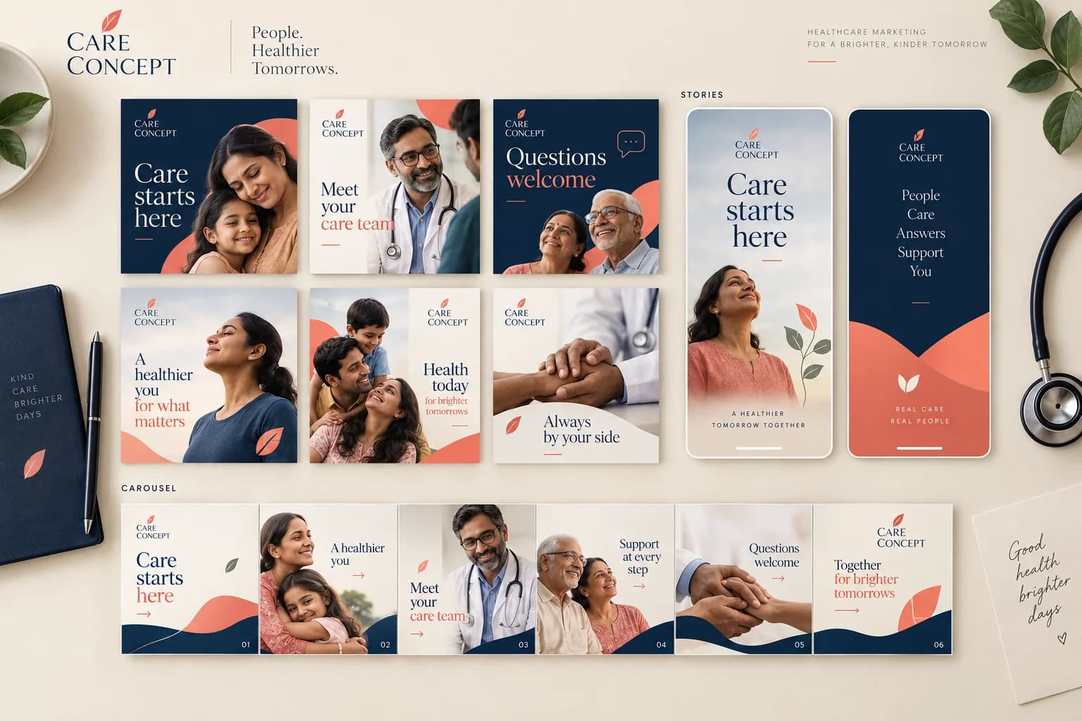 Six post designs, story formats and a carousel sequence within one coherent healthcare campaign.