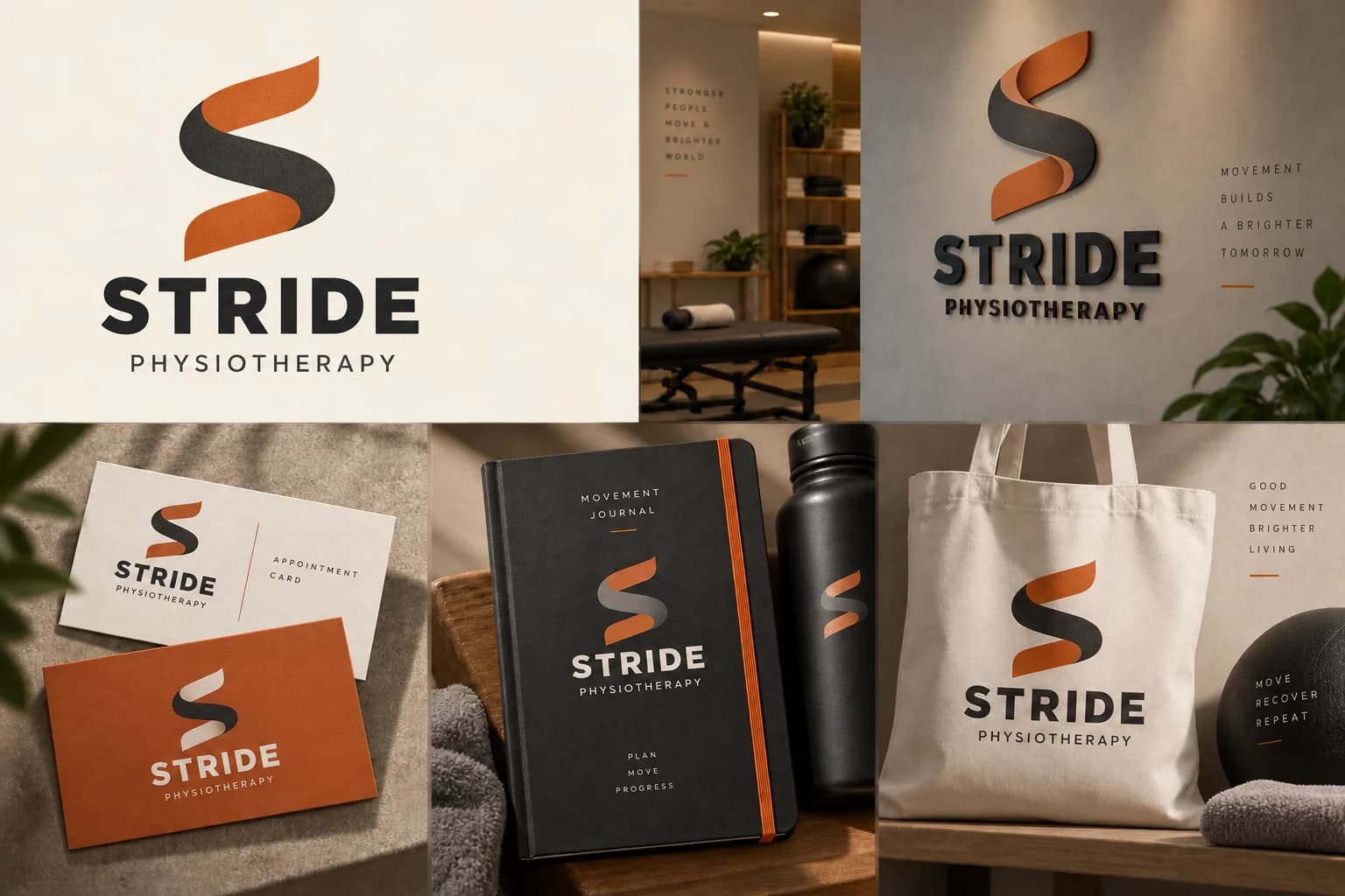 Stride Physiotherapy identity concept with an orange ribbon S logo, charcoal and cream stationery, exercise journal, tote bag and dimensional signage.