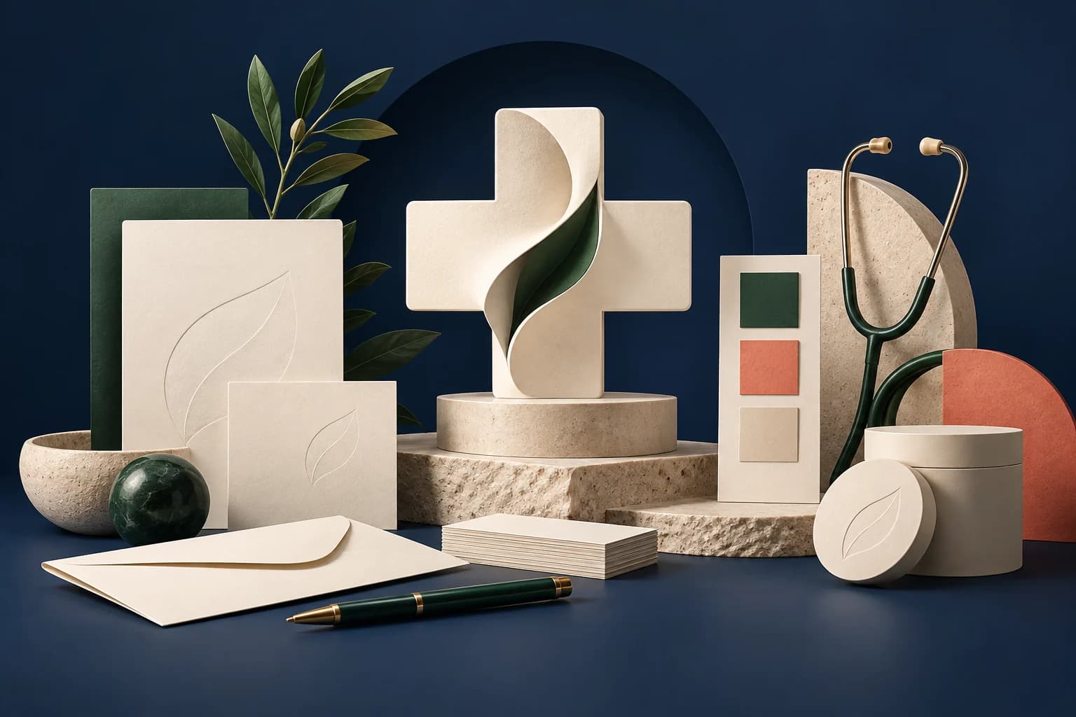 Healthcare brand design: refined blank stationery, color swatches, sculptural letterforms and medical identity design objects