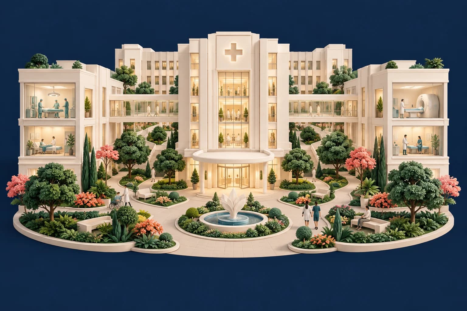 Hospital marketing: a beautifully detailed ivory multi-storey hospital with courtyard gardens and paths connecting care departments