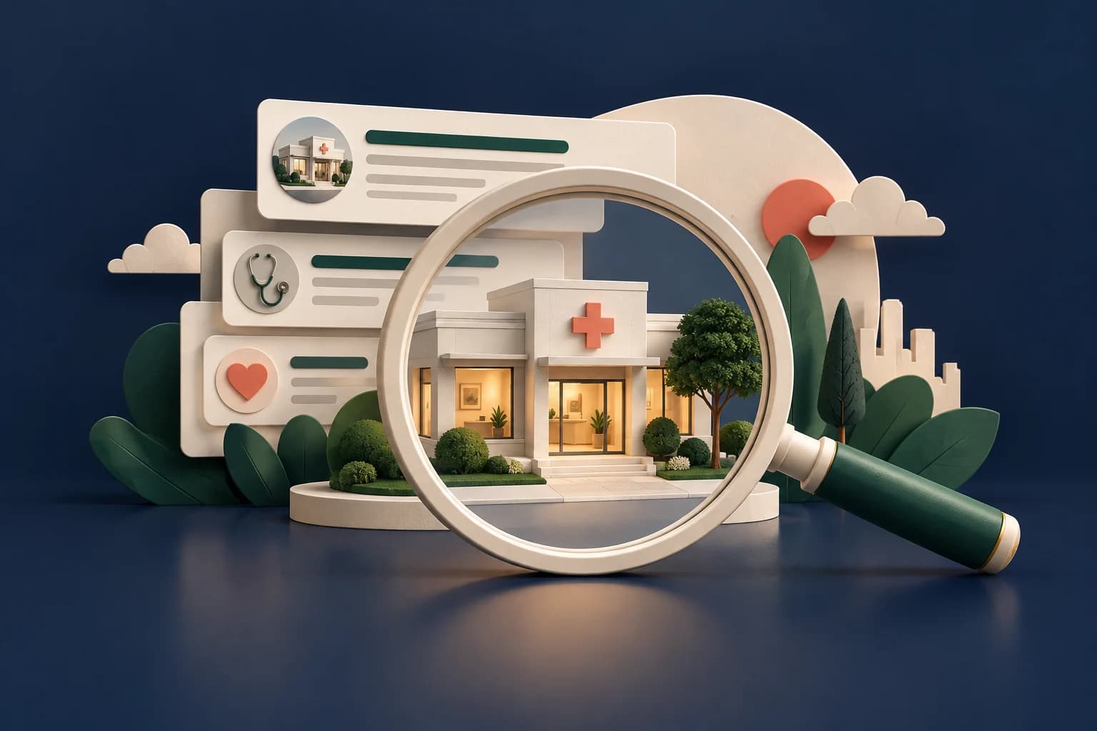 Healthcare search visibility: an oversized magnifying glass focusing on a miniature medical practice and layered search cards