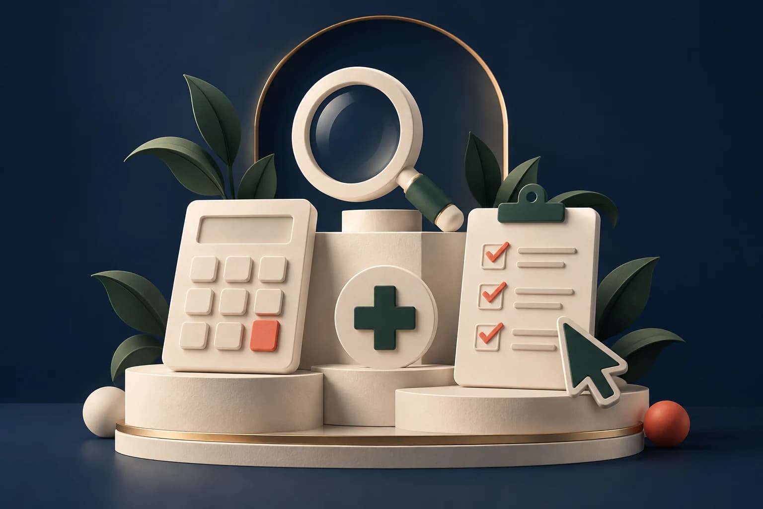 Healthcare marketing tools: a premium toolkit of a search lens, calculator without digits, checklist and cursor, arranged on stepped ivory plinths