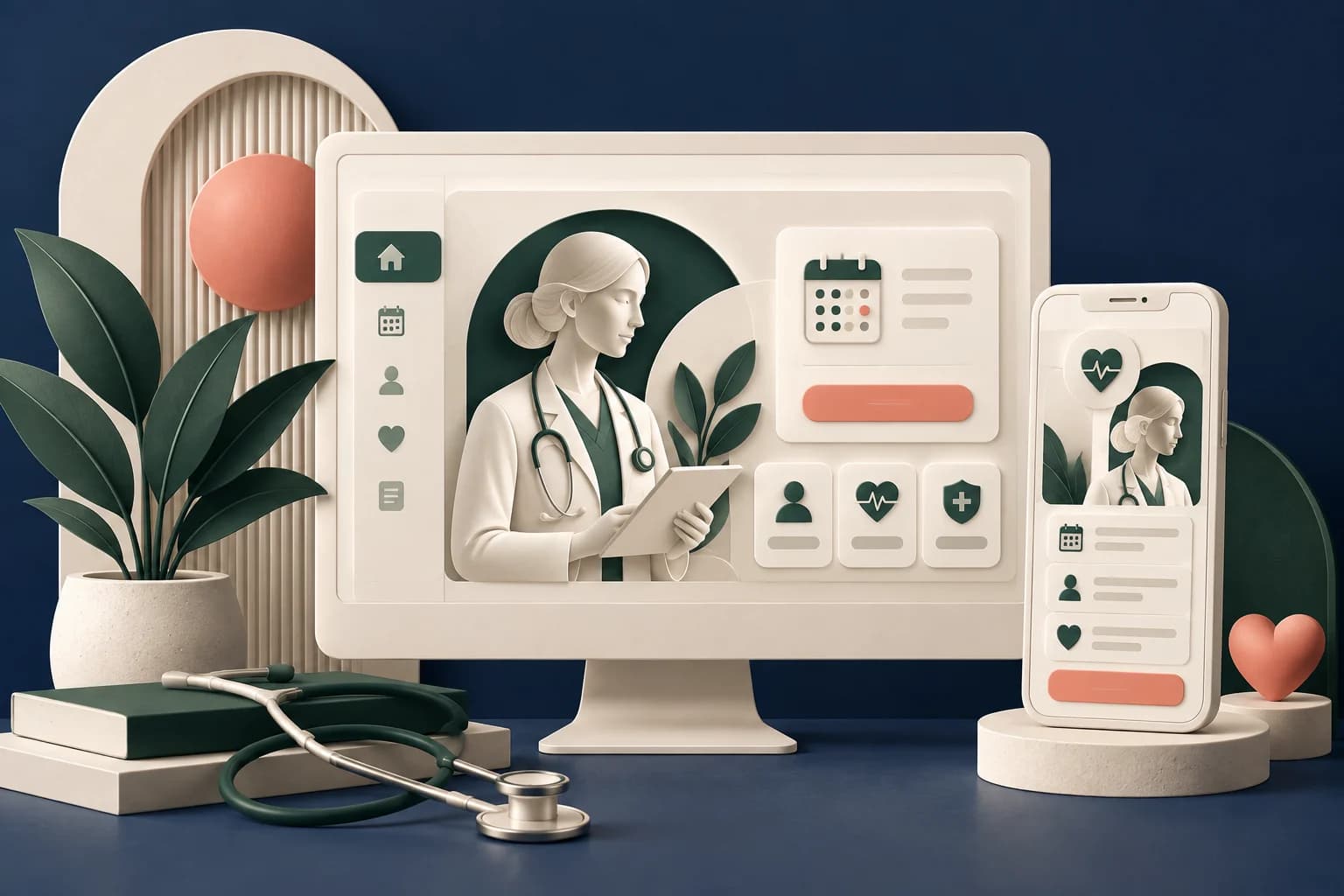 Healthcare website design: ivory desktop and mobile browser frames with elegant abstract medical appointment interface