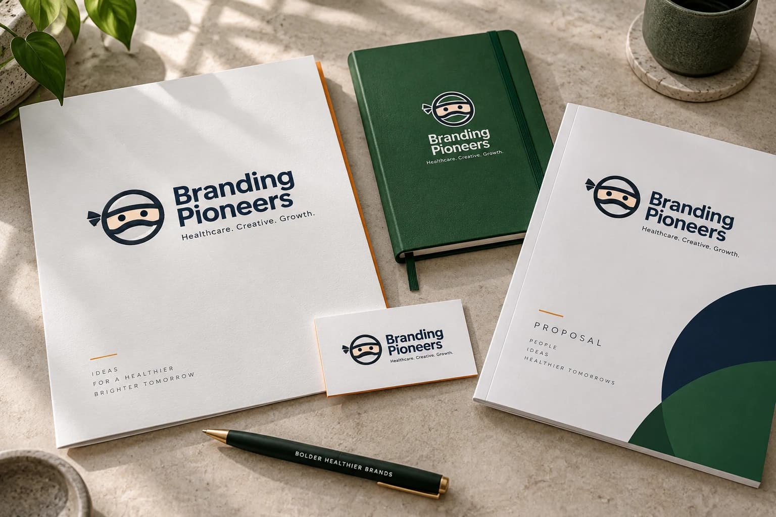 Branding Pioneers mascot and name applied to stationery in a photorealistic brand application concept