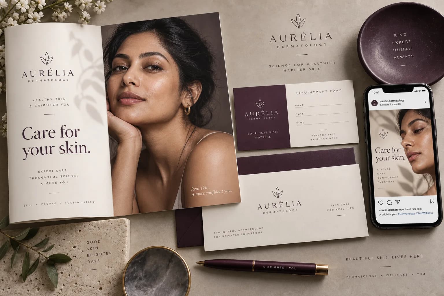 Dermatology brand concept with plum and ivory brochure, stationery and social artwork