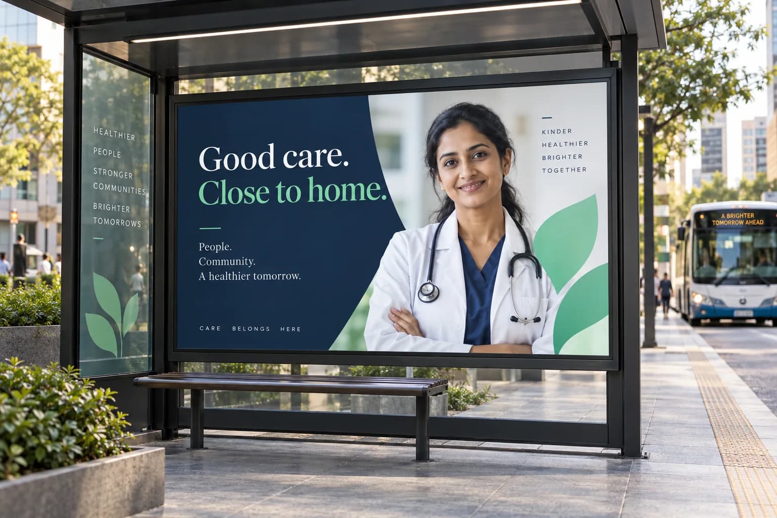 Hospital advertising concept displayed on a city bus shelter with physician portrait