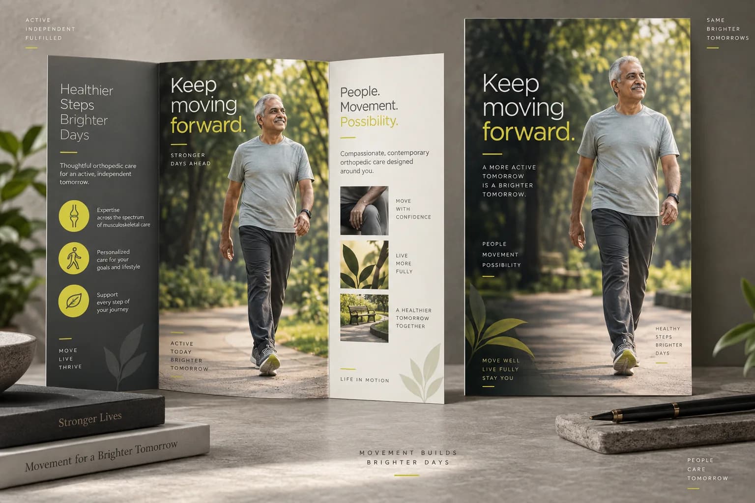 Orthopedic clinic brochure and poster design featuring an active older adult