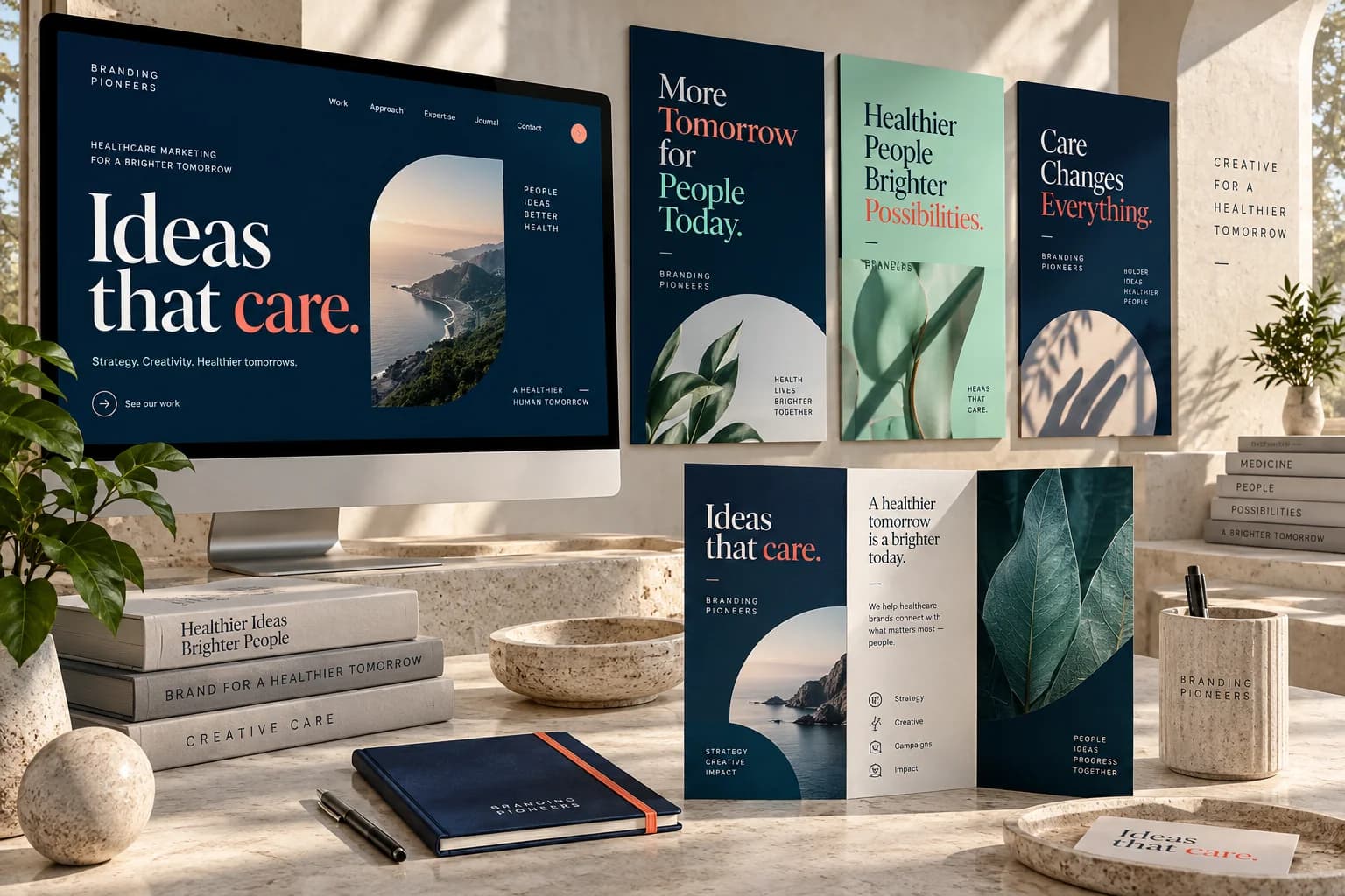 A coordinated presentation of website, campaign posters and brochure design.