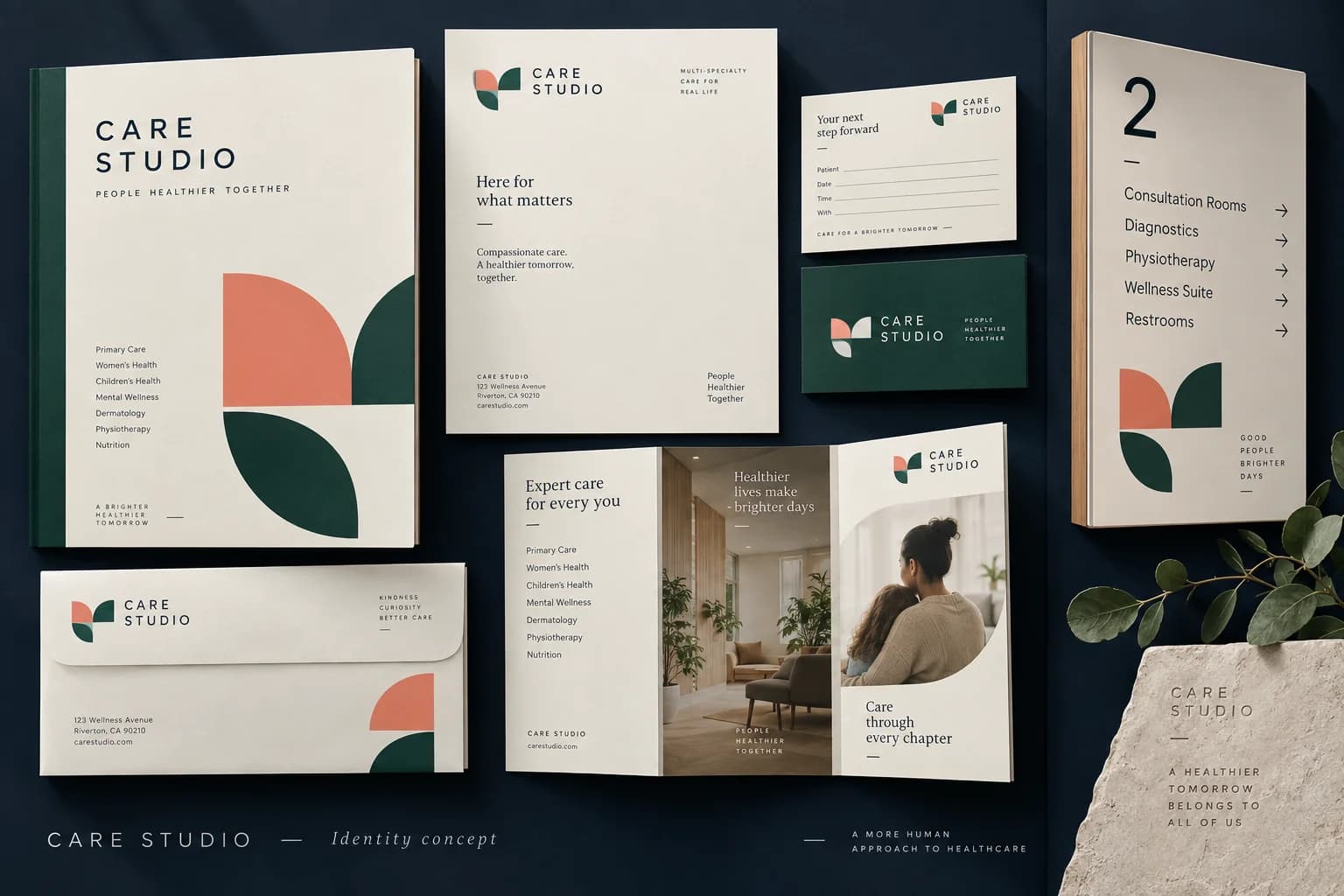 Clinic identity applied to patient folder, stationery, signage and brochure design concepts.