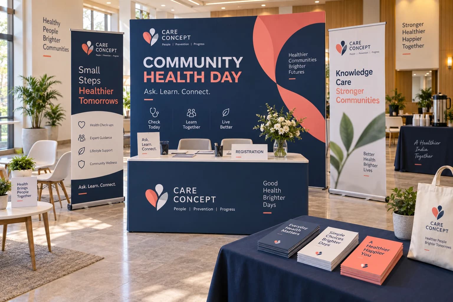 Coordinated registration desk, standees, leaflets and tote bag for a healthcare camp concept.