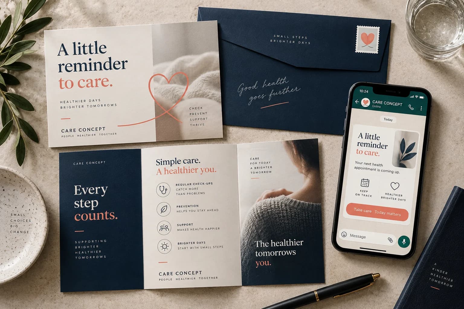 A direct-marketing concept connecting postcard, leaflet and appointment reminder messaging.