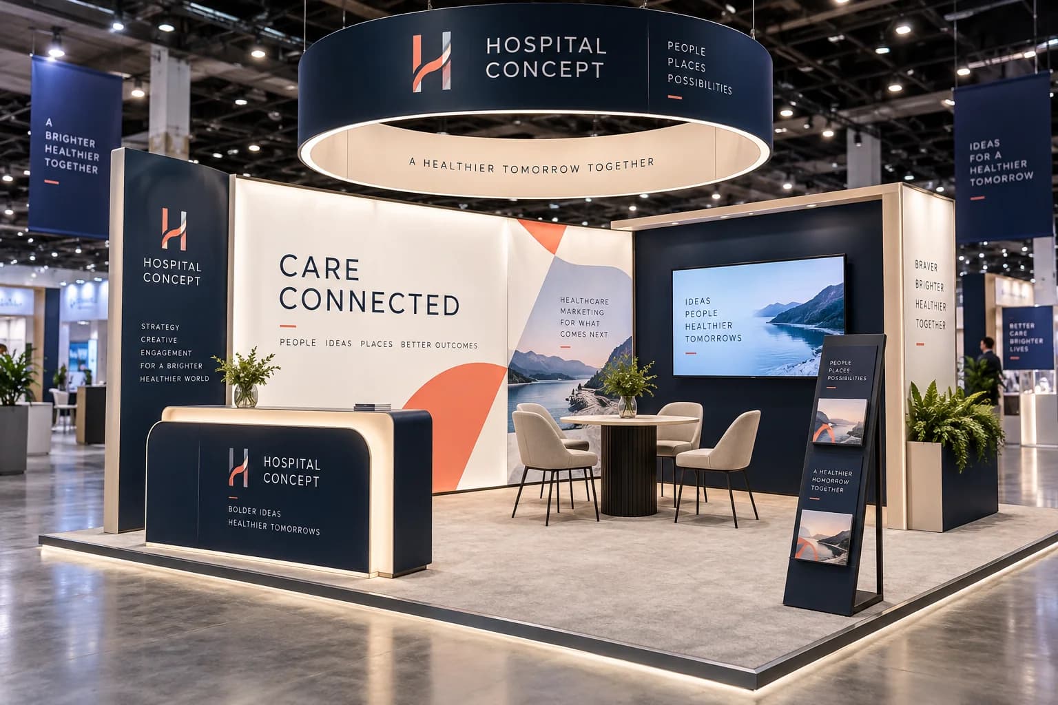 Hospital conference booth concept with demonstration screen, meeting space and printed information.