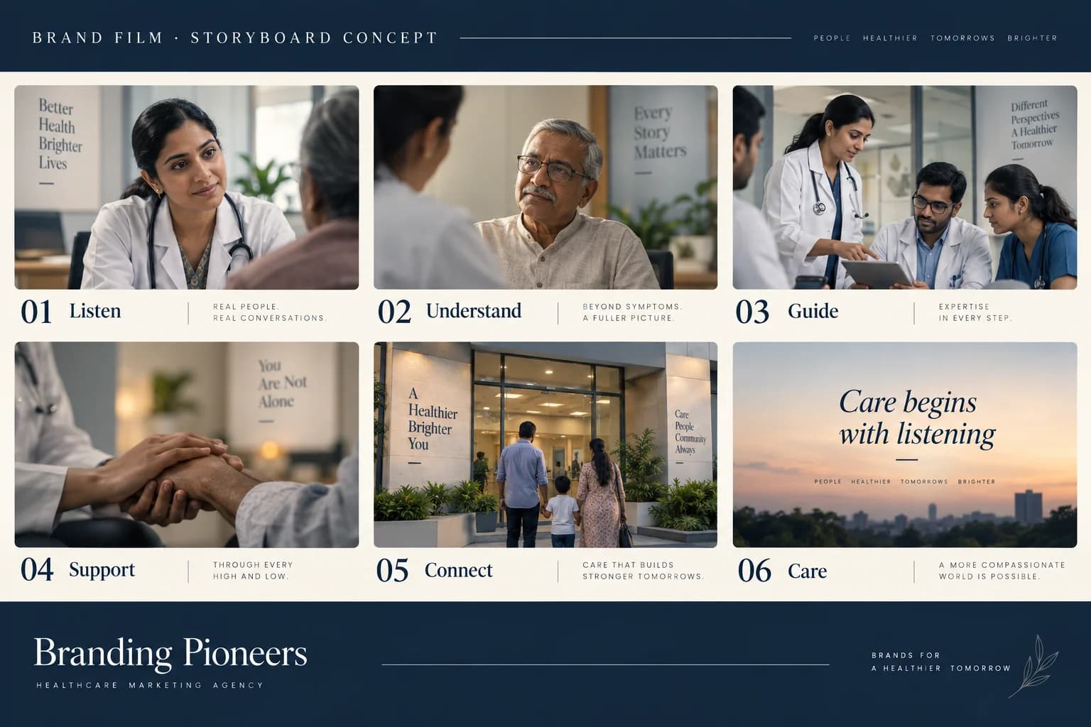 Six-frame healthcare brand-film storyboard concept from listening to continuing care.