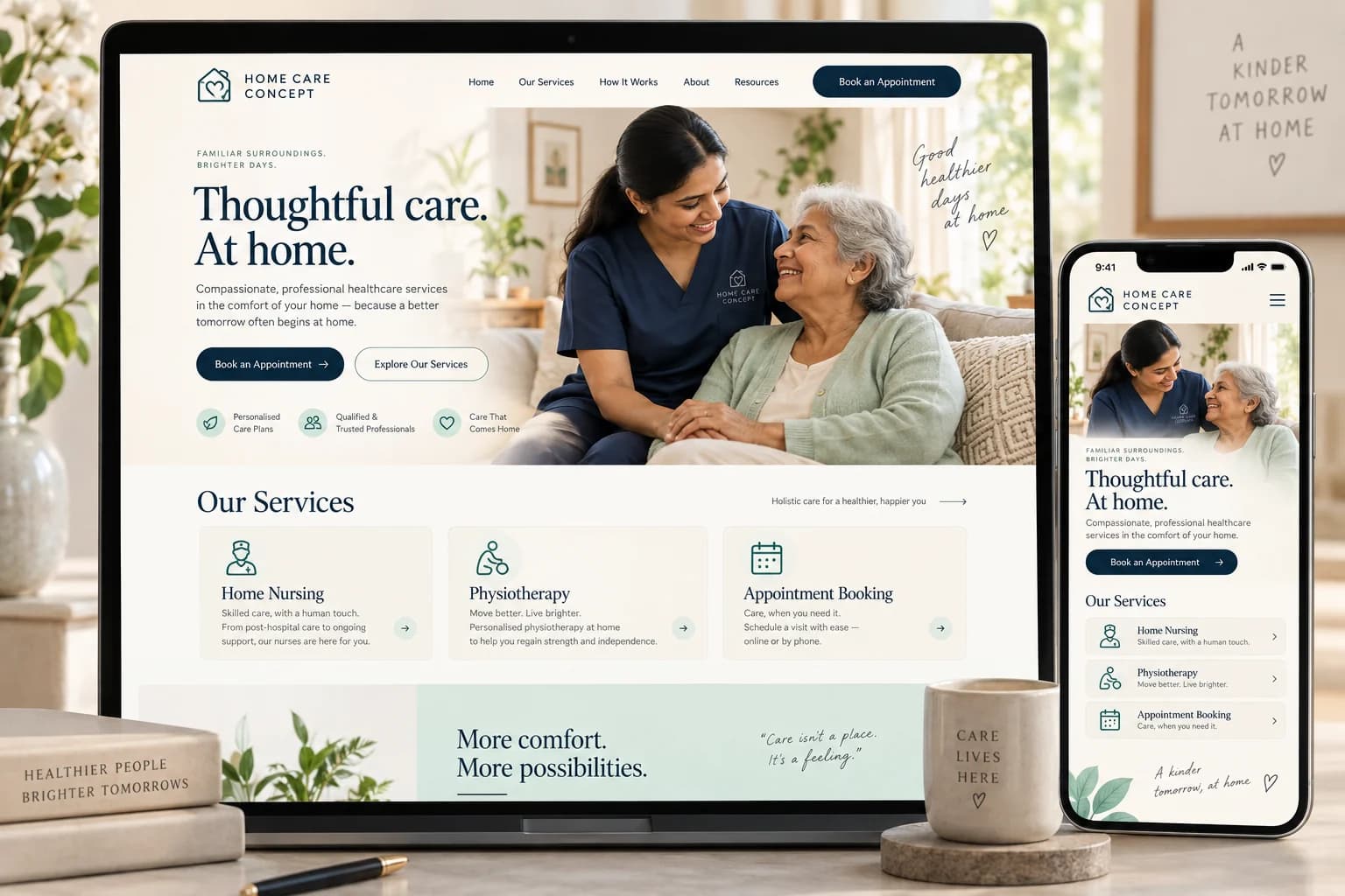 A responsive home-care website concept built around nursing, physiotherapy and appointment discovery.