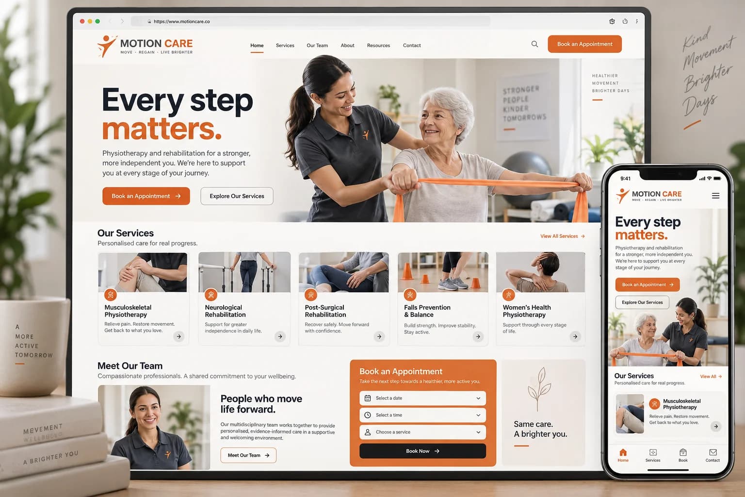 A rehabilitation website concept with inclusive therapy imagery, service discovery and a clear appointment interface.