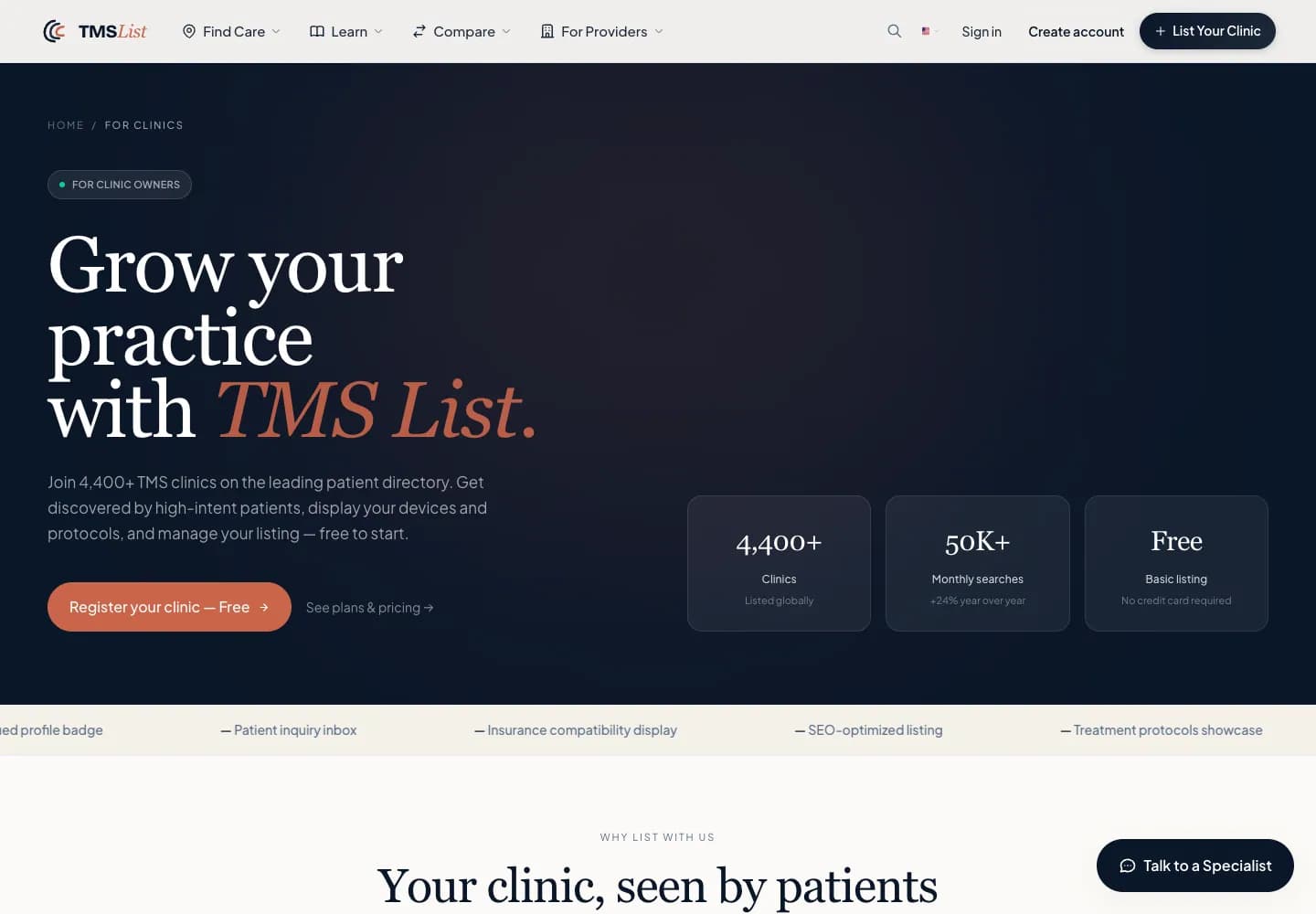 TMS List page for clinic owners