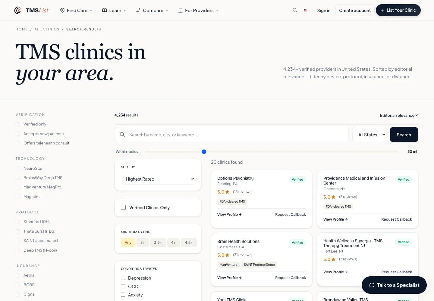 TMS List clinic search with filters and verified listings