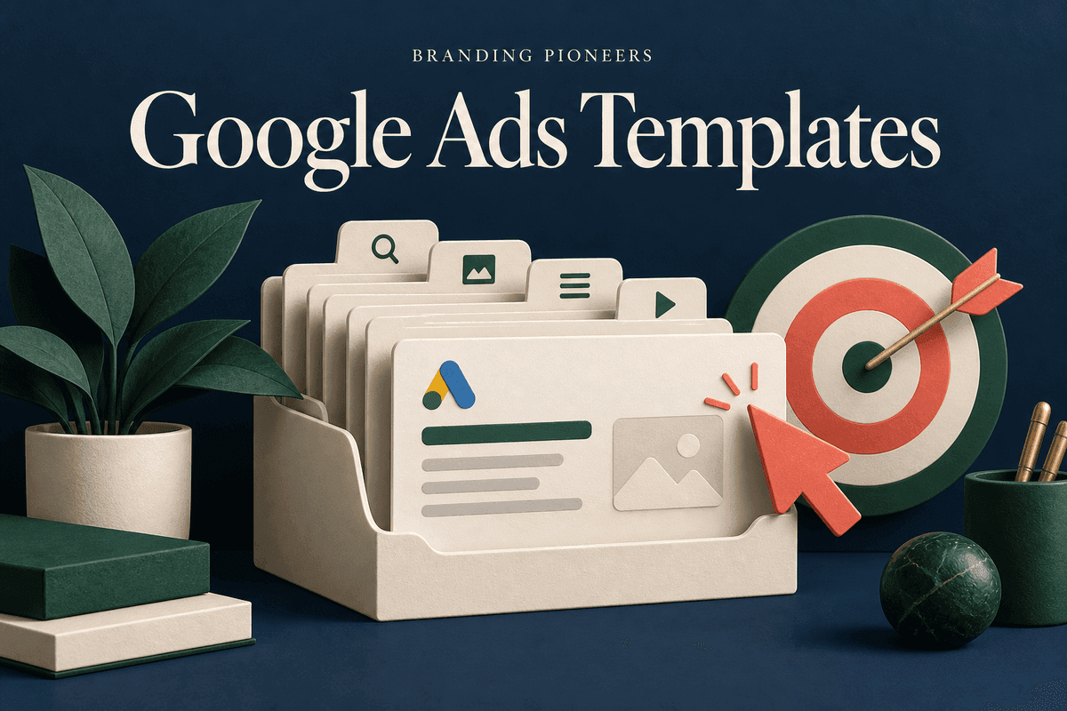 Google Ads Templates cover with campaign folders, a cursor and targeting symbol