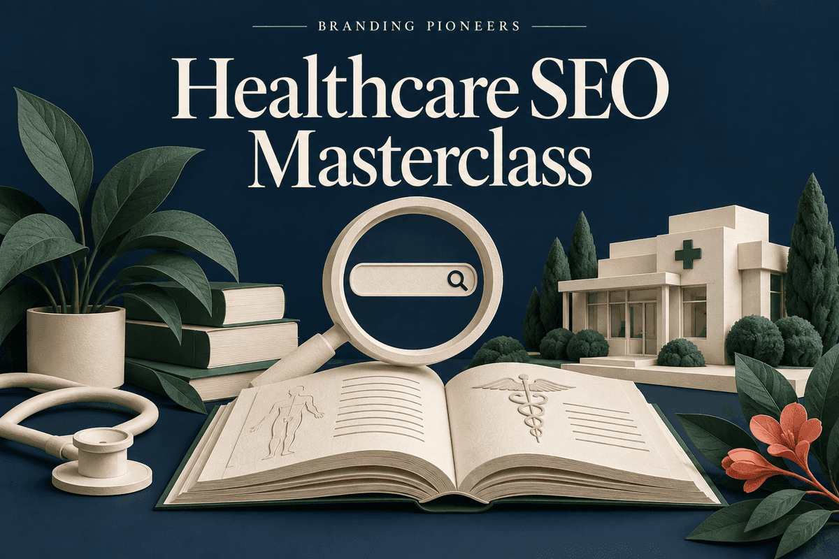 Healthcare SEO Masterclass cover with a search lens, open course book and medical practice