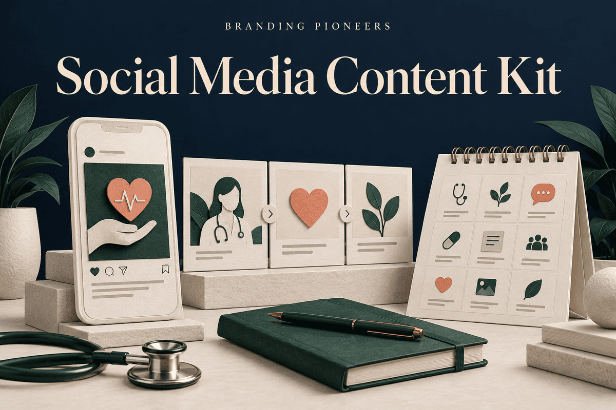 Social Media Content Kit cover with healthcare posts, carousel cards and a content calendar