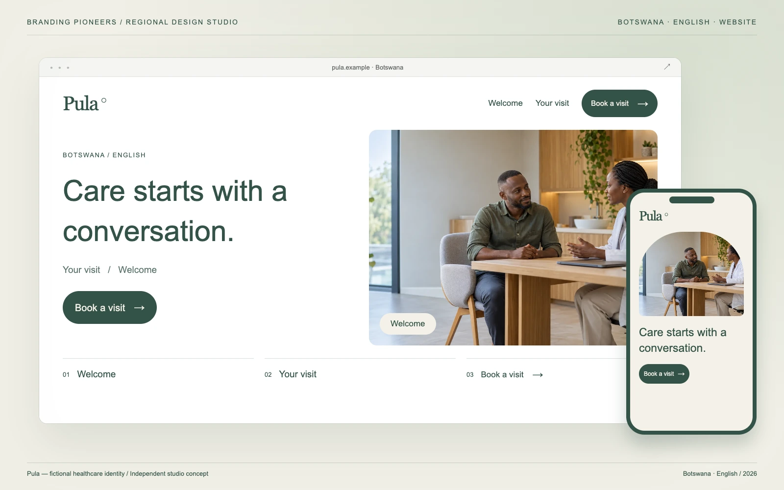 Pula — Botswana, English: Website & mobile. Independent studio concept.