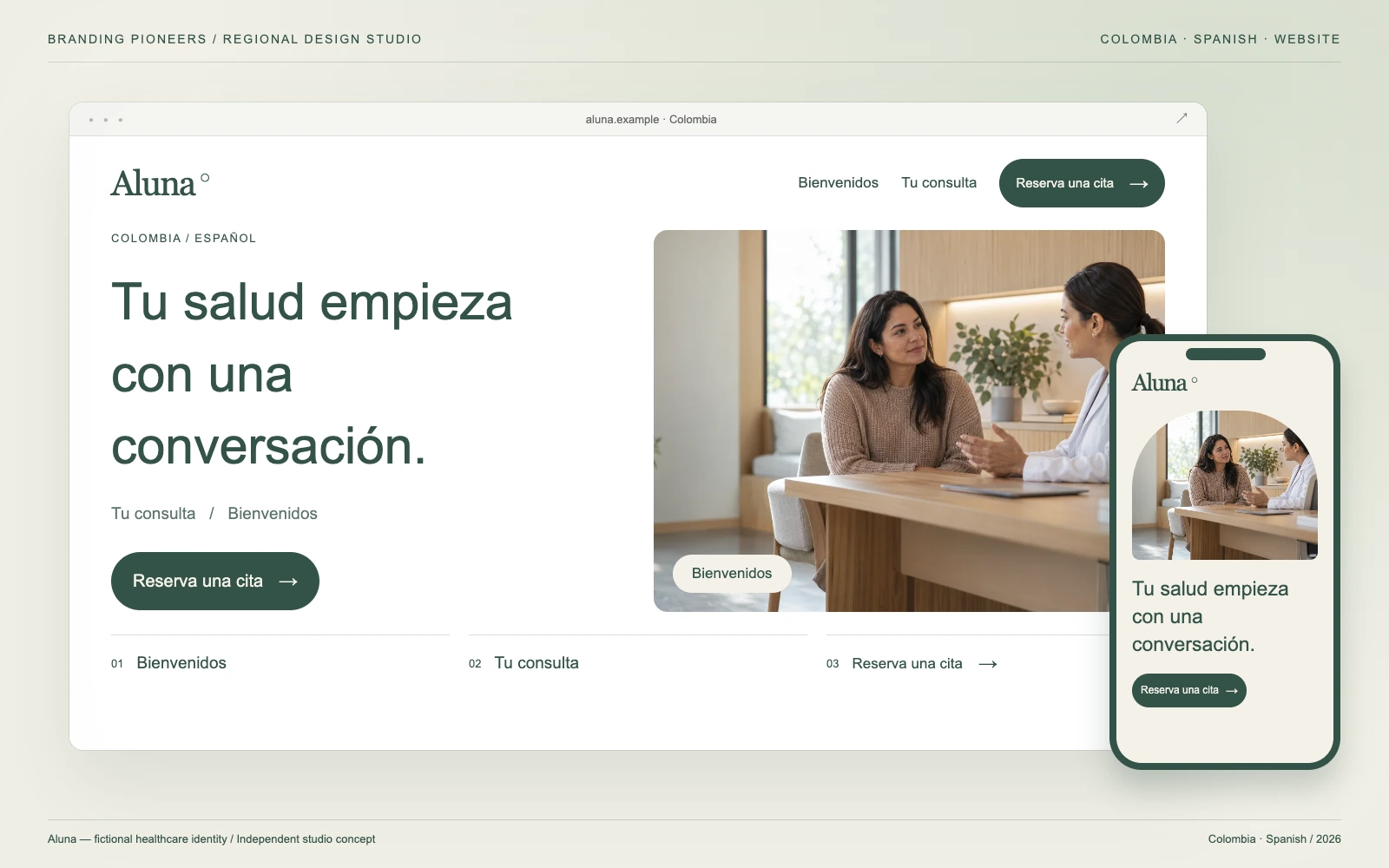 Aluna — Colombia, Spanish: Website & mobile. Independent studio concept.