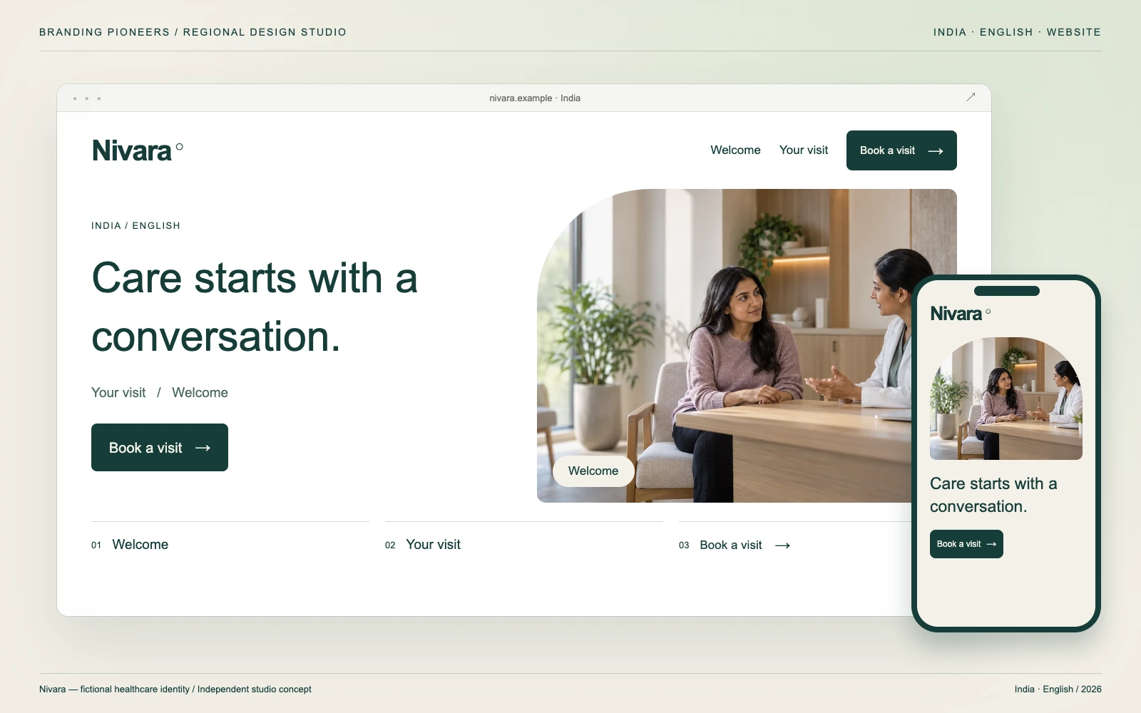 Nivara — India, English: Website & mobile. Independent studio concept.